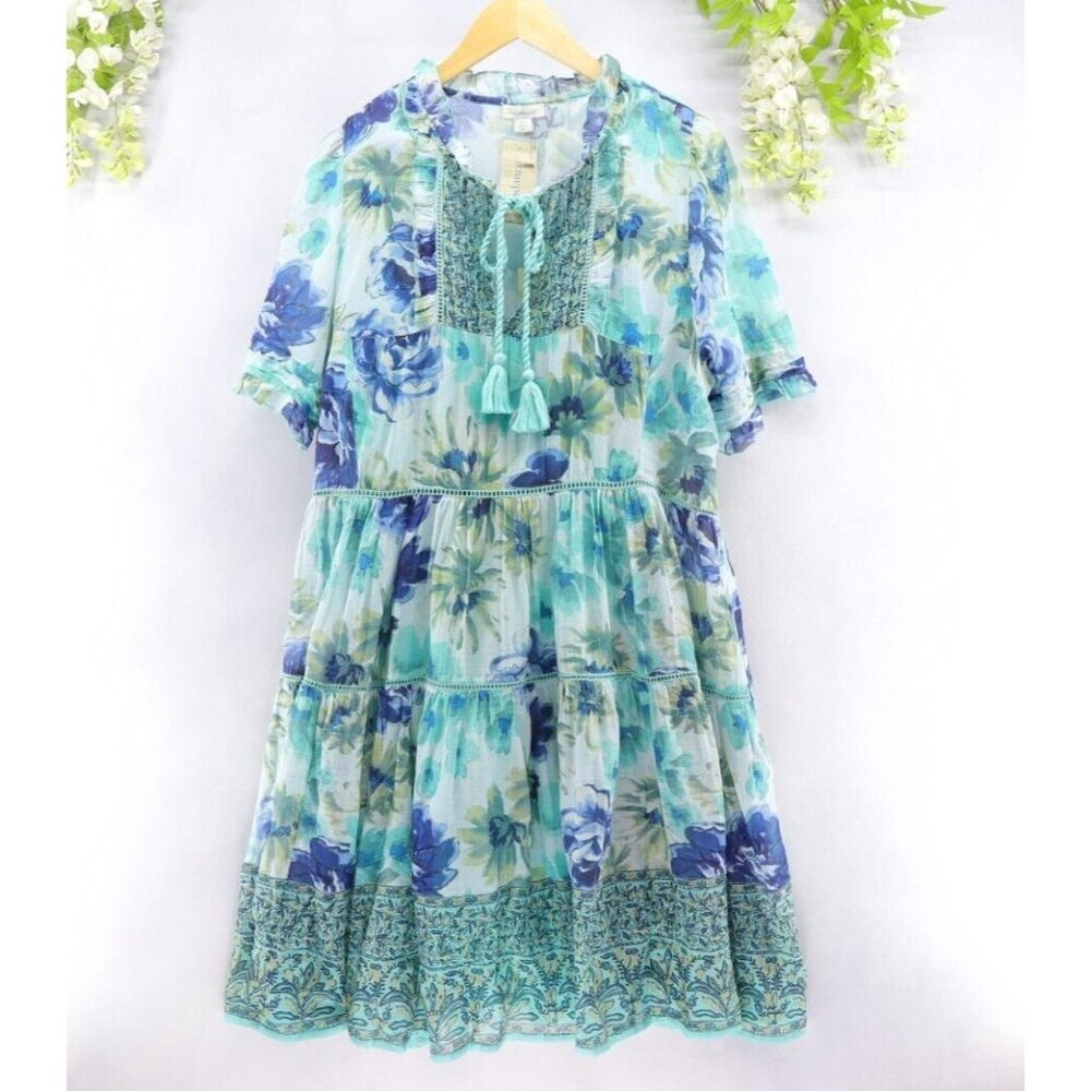 Sundance Woman's Field Of Beauty Dress Floral Turquoise Sz L NEW